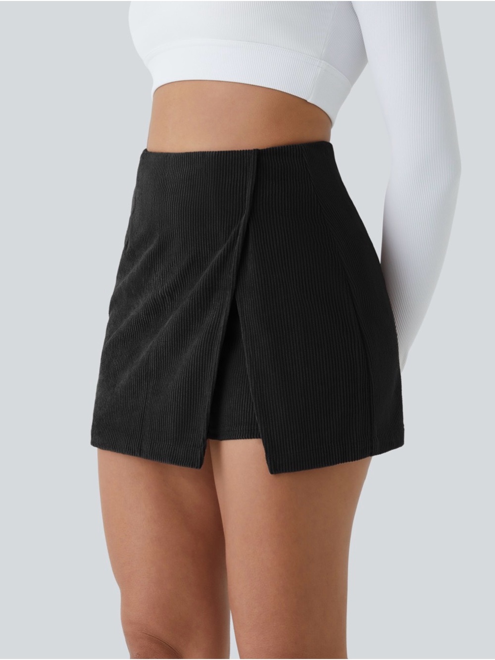 High-Waist Black Corduroy Skort - Women Skort